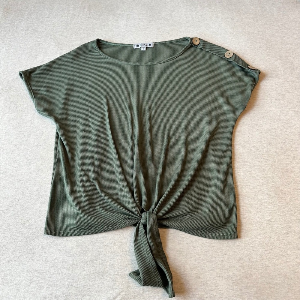 Wilde Womens Olive Green Waffle Knit Tie Front Button Shoulder‎ Top Small